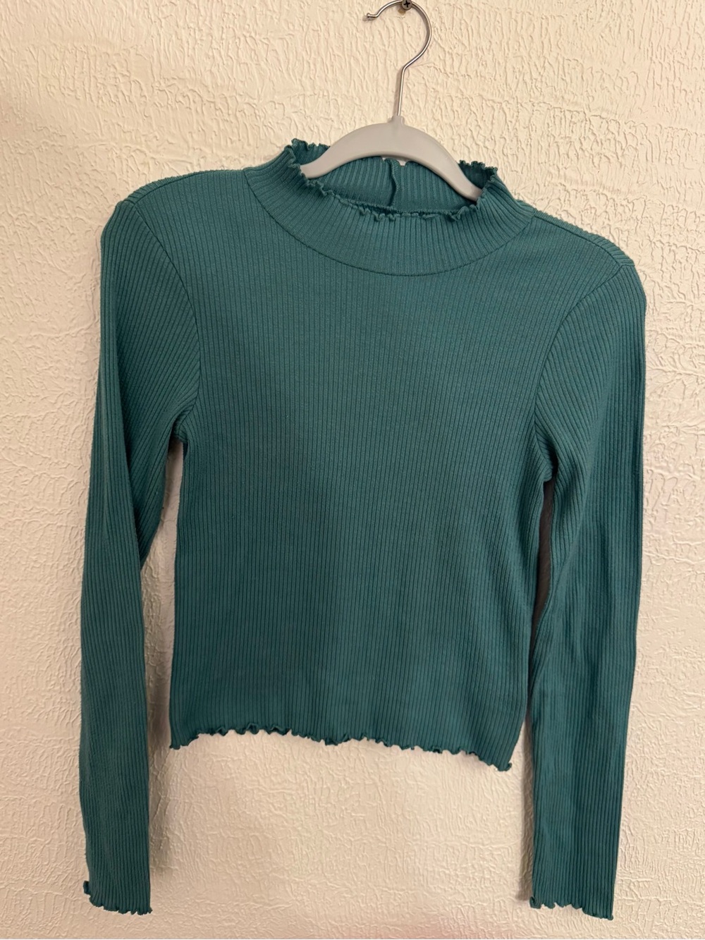 American Eagle Outfitters Ribbed Mock Neck Long-Sleeve Top in Teal Green